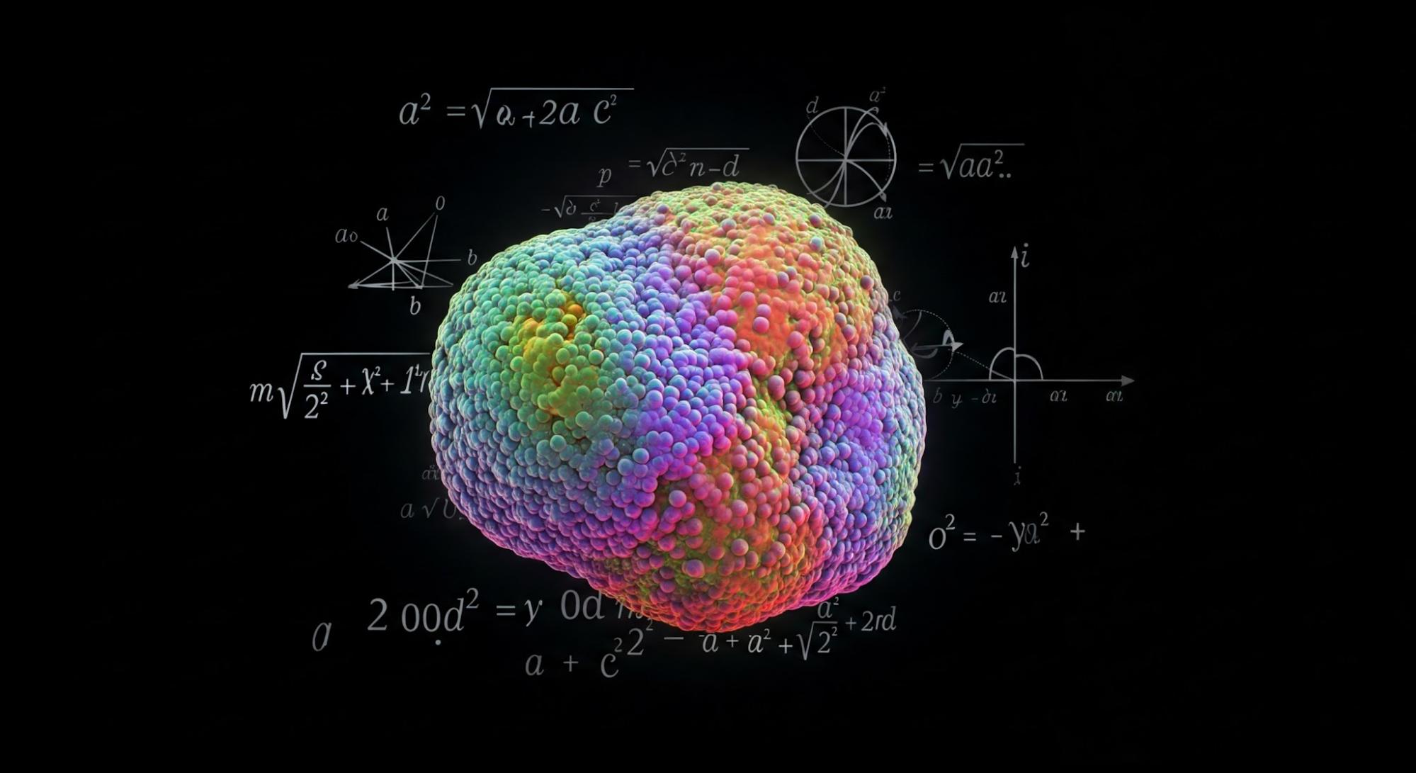 A microscope zoomed in on a strange, colorful microorganism, with mathematical symbols and equations floating around it.